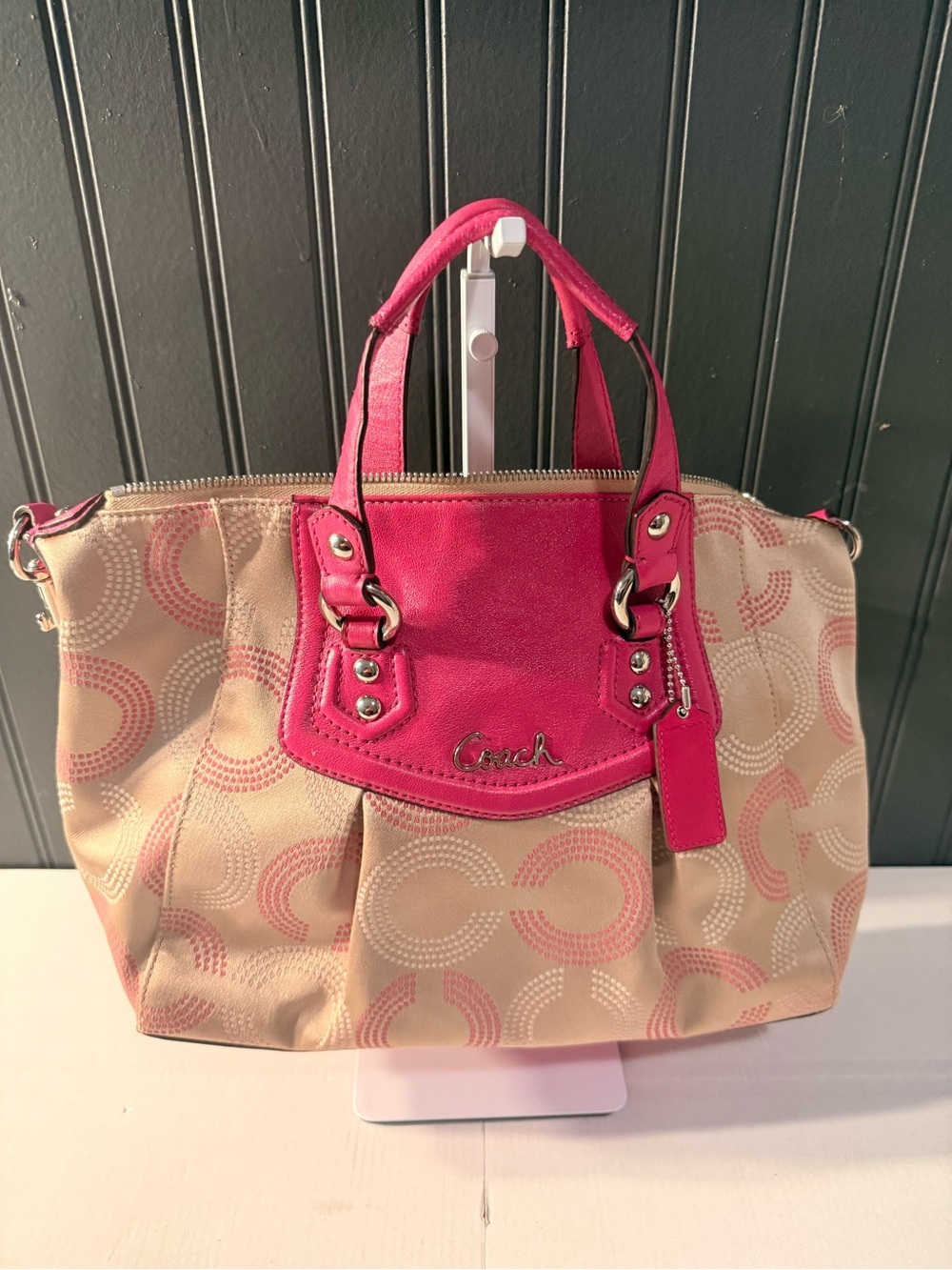 Coach Pink Accent Signature Tote Bag Ashley  op art satchel in fuchsia  & tan